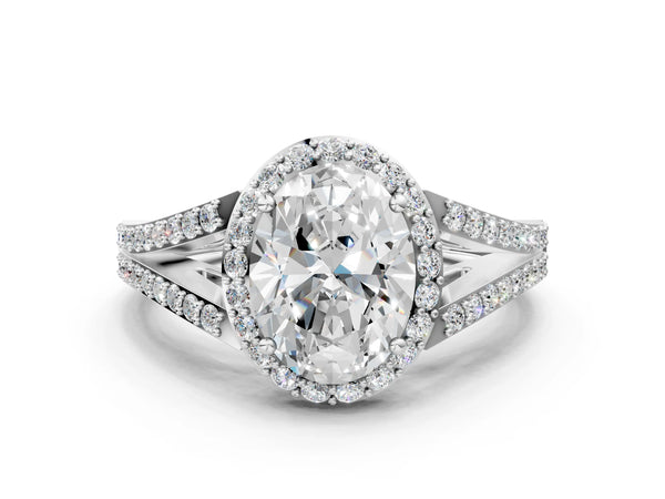 White gold Oval Halo Split Shank Pave Diamond Ring with Four-Prong Setting