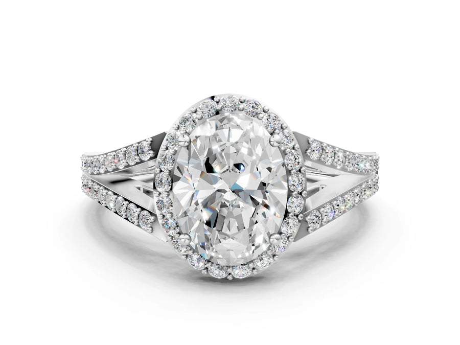 White gold Oval Halo Split Shank Pave Diamond Ring with Four-Prong Setting
