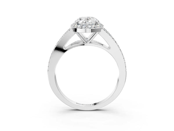 White gold Oval Halo Split Shank Pave Diamond Ring with Four-Prong Setting