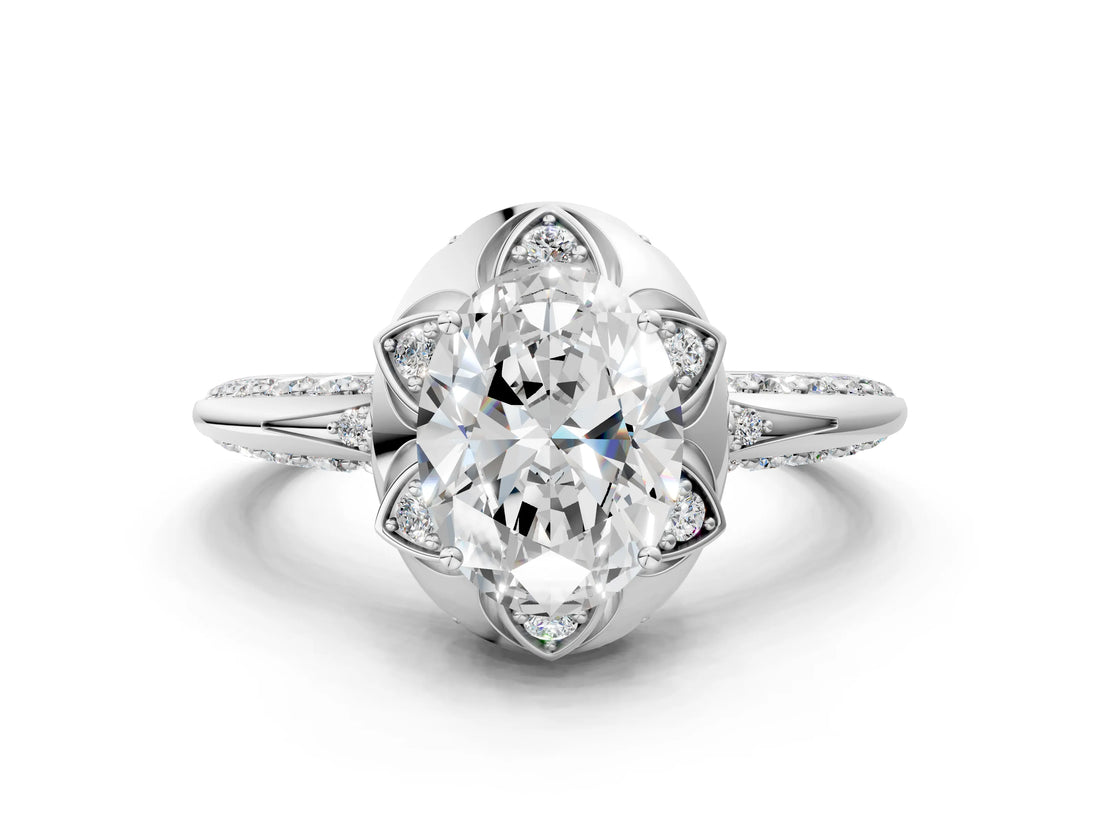 White gold Oval Halo Split Shank Pave Diamond Ring with Petal Prong Setting_20