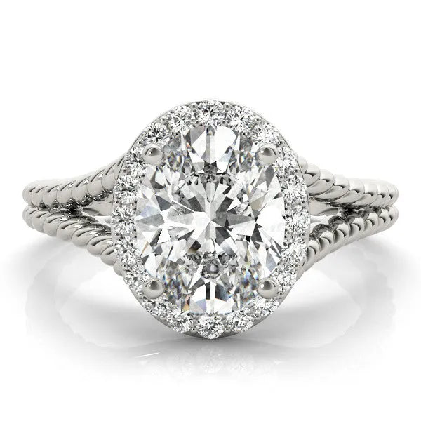 White gold Oval Halo Split Shank Twisted Band Prong Set Ring