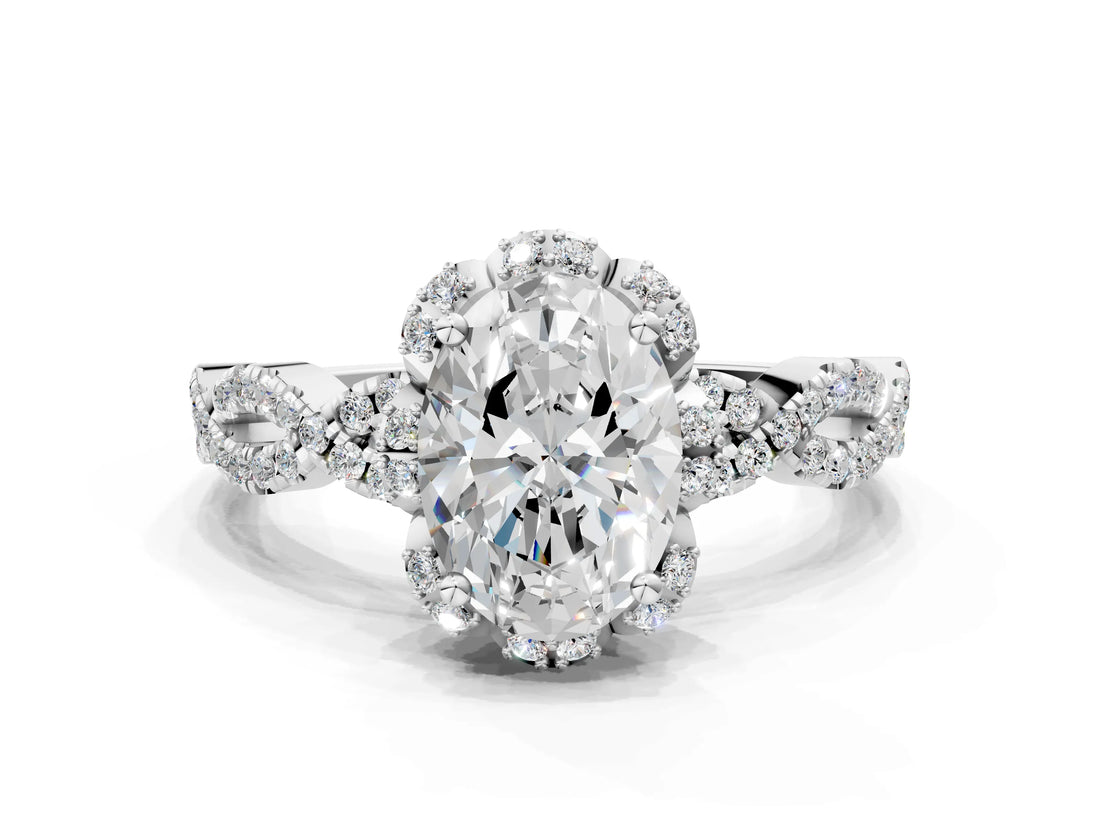 White gold Oval Halo Twist Band Solitaire Ring with Six-Prong Setting_32