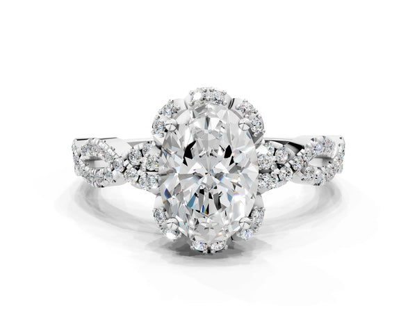 White gold Oval Halo Twist Band Solitaire Ring with Six-Prong Setting