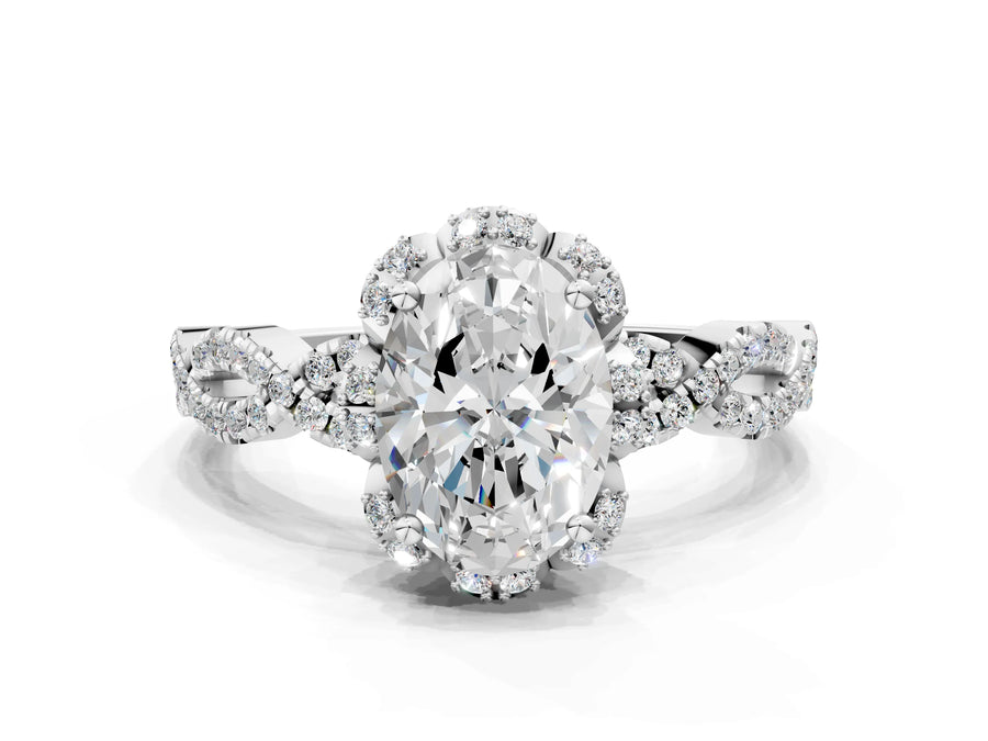 White gold Oval Halo Twist Band Solitaire Ring with Six-Prong Setting