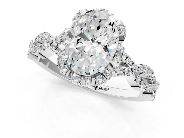 White gold Oval Halo Twist Band Solitaire Ring with Six-Prong Setting