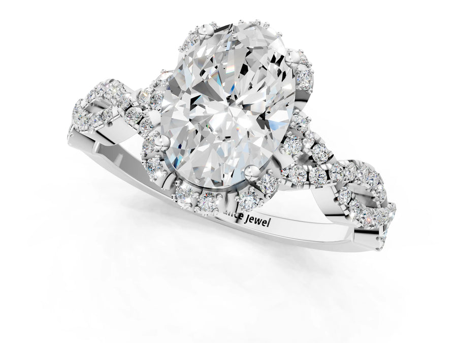 White gold Oval Halo Twist Band Solitaire Ring with Six-Prong Setting