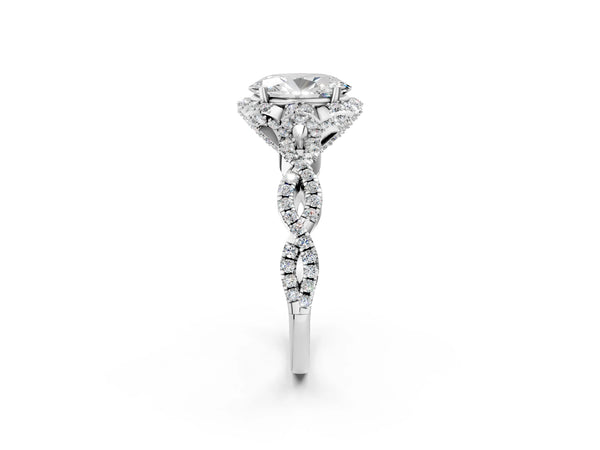 White gold Oval Halo Twist Band Solitaire Ring with Six-Prong Setting