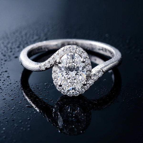 White gold Oval Halo Twist Band with Four-Prong Setting