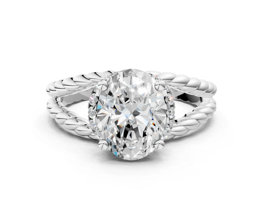 White gold Oval Halo Twisted Band Four-Prong Ring