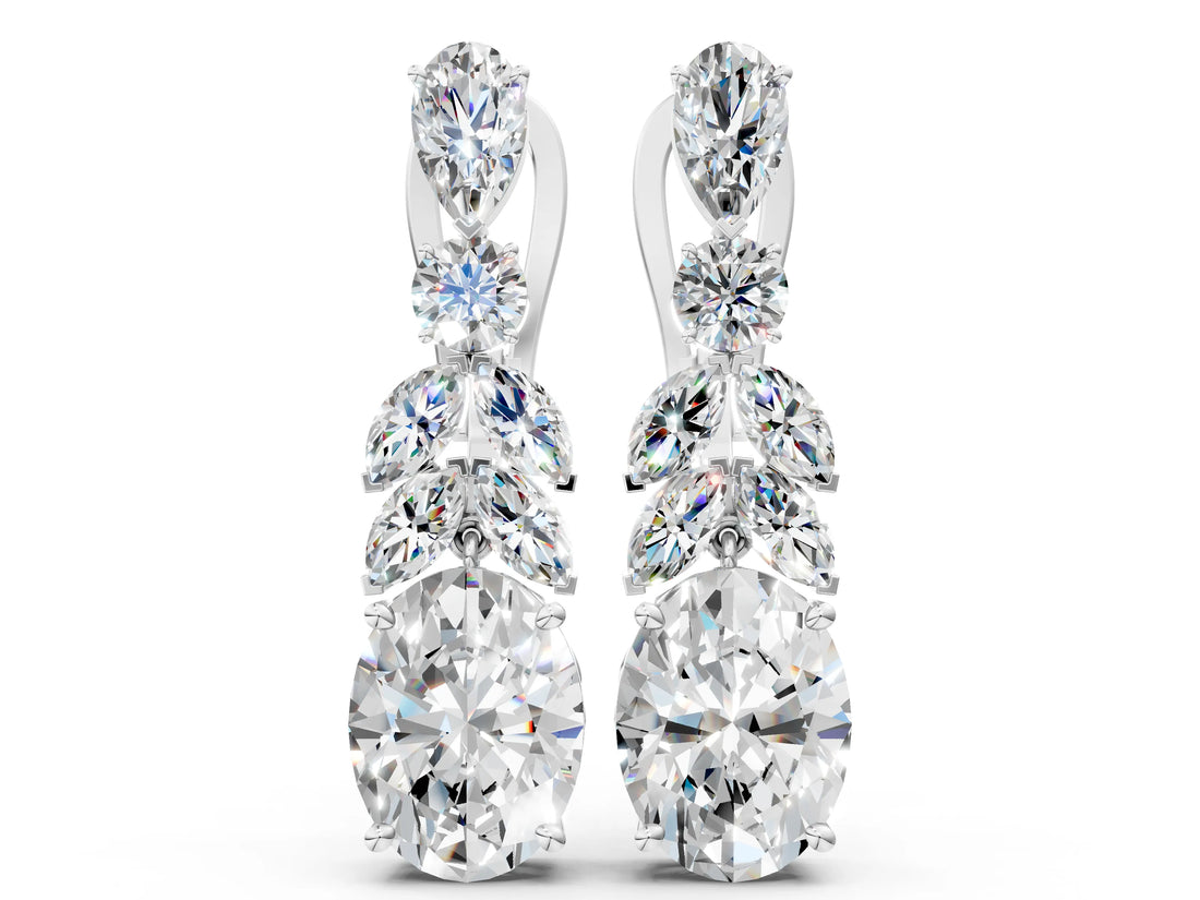 White gold Oval, Marquise and Round Diamond Huggie Drop Earrings