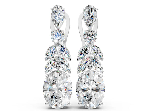 Silver Oval, Marquise and Round Diamond Huggie Drop Earrings