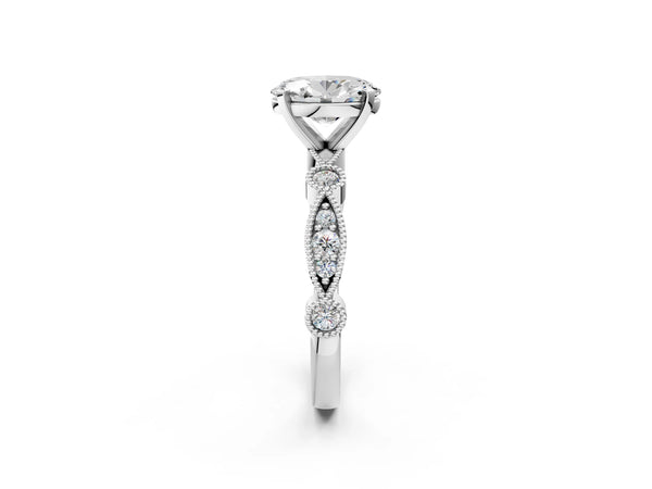 Platinum Oval Vintage Solitaire Engagement Ring Setting with Milgrain Bezel Accent Band