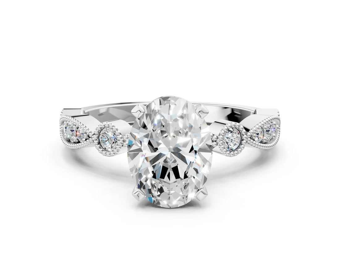 White gold Oval Milgrain Bezel Diamond Engagement Ring with Solitaire Prong Setting_189