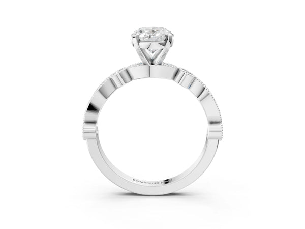 White Gold Oval Vintage Solitaire Engagement Ring Setting with Milgrain Bezel Accent Band