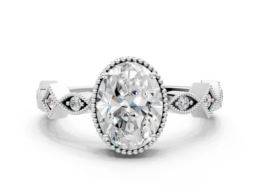 White gold Oval Milgrain Marquise Diamond Twist Band Ring_56