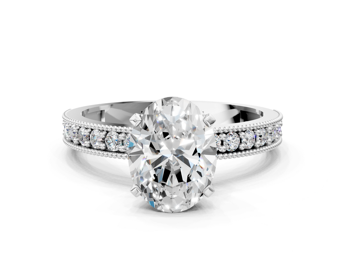 White gold Oval Milgrain Pave Diamond Engagement Ring with Four-Prong Setting_164