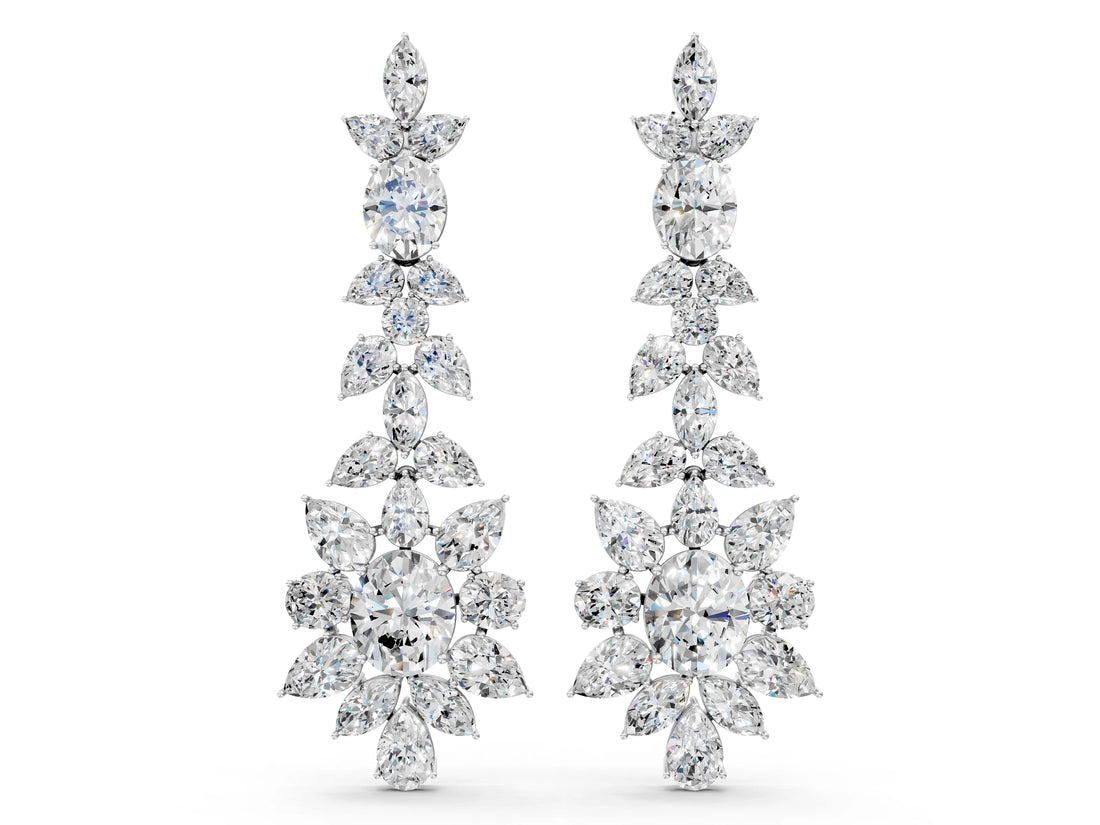 White gold Oval, Pear, Marquise and Round Diamond Floral Cascade Drop Earrings_16