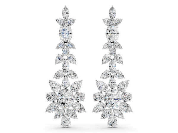 White gold Oval, Pear, Marquise and Round Diamond Floral Cascade Drop Earrings