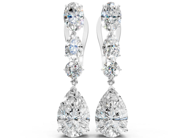 Platinum Oval, Pear and Round Diamond Huggie Drop Earrings