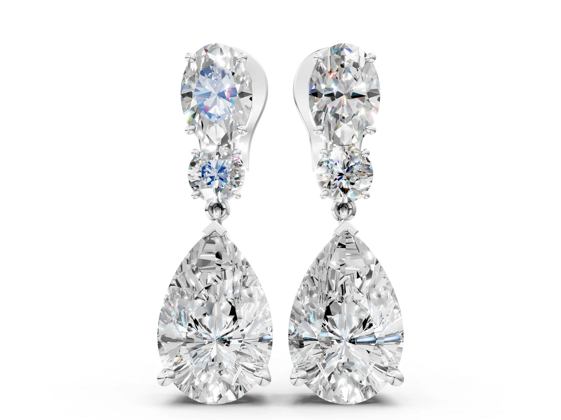 White gold Oval, Round and Pear Diamond Huggie Drop Earrings