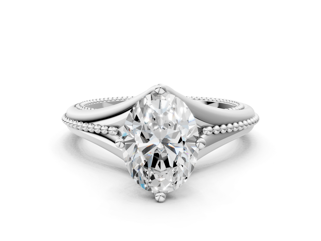 White gold Oval Solitaire Beaded Band Six-Prong Setting