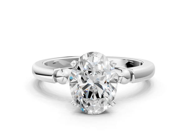 White gold Oval Solitaire Beaded Band with Four-Prong Setting