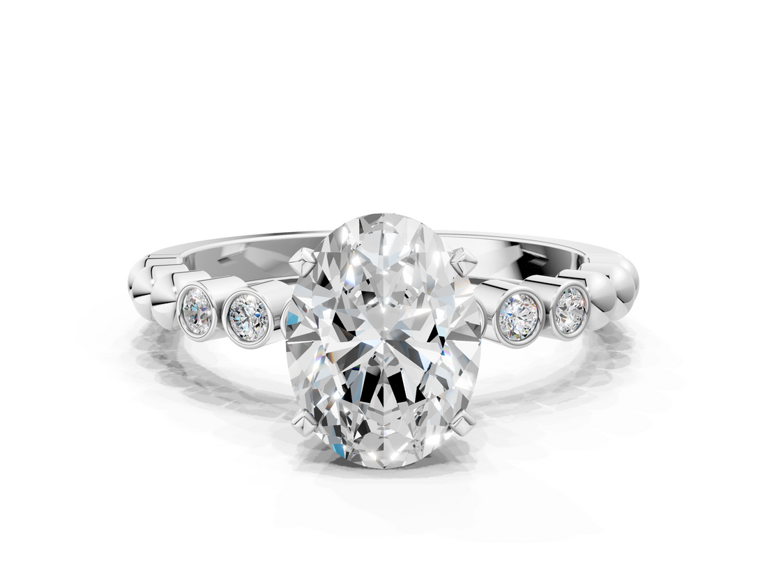 White gold Oval Solitaire Bezel Accent Diamond Engagement Ring with Beaded Band and Four-Prong Setting_64