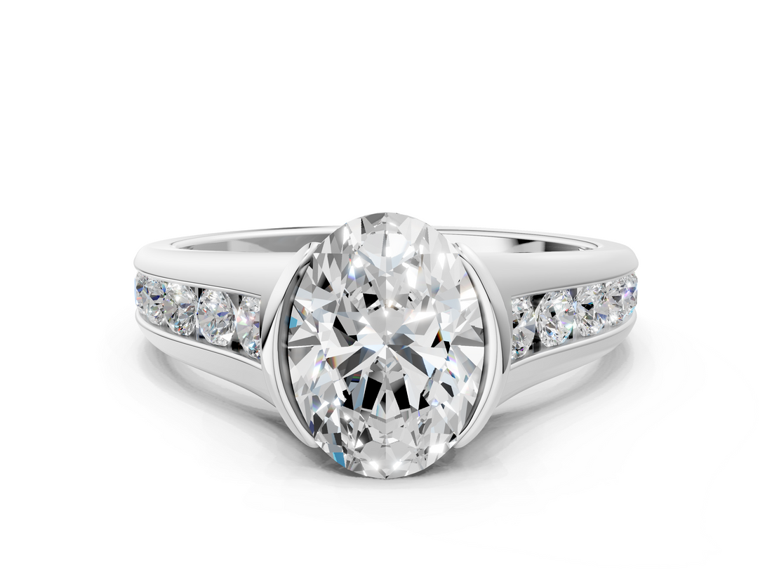 White gold Oval Solitaire Bezel-Set Diamond Ring with Channel-Set Band_91