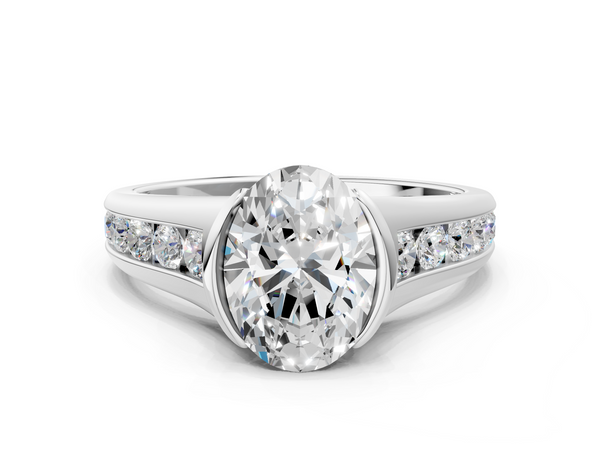 White Gold Oval Half Bezel Engagement Ring Setting with Graduated Channel Set Accents