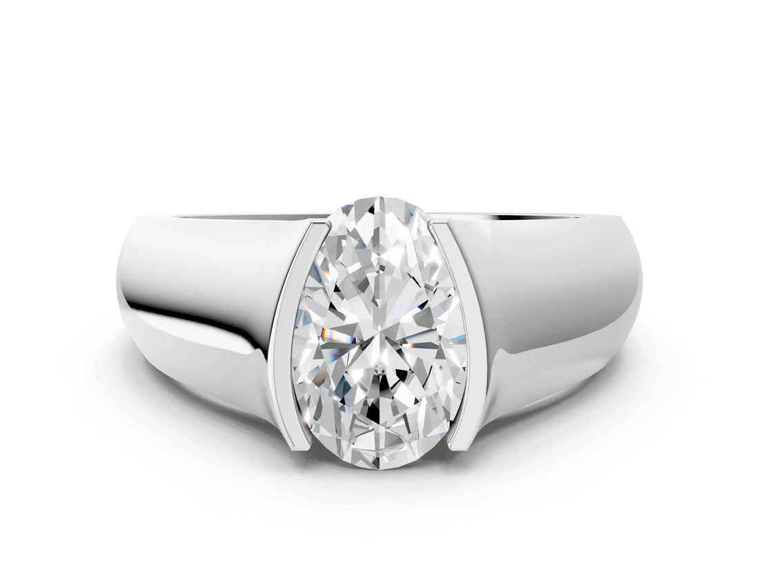 White gold Oval Solitaire Bezel Set Diamond Ring with Wide Band_3
