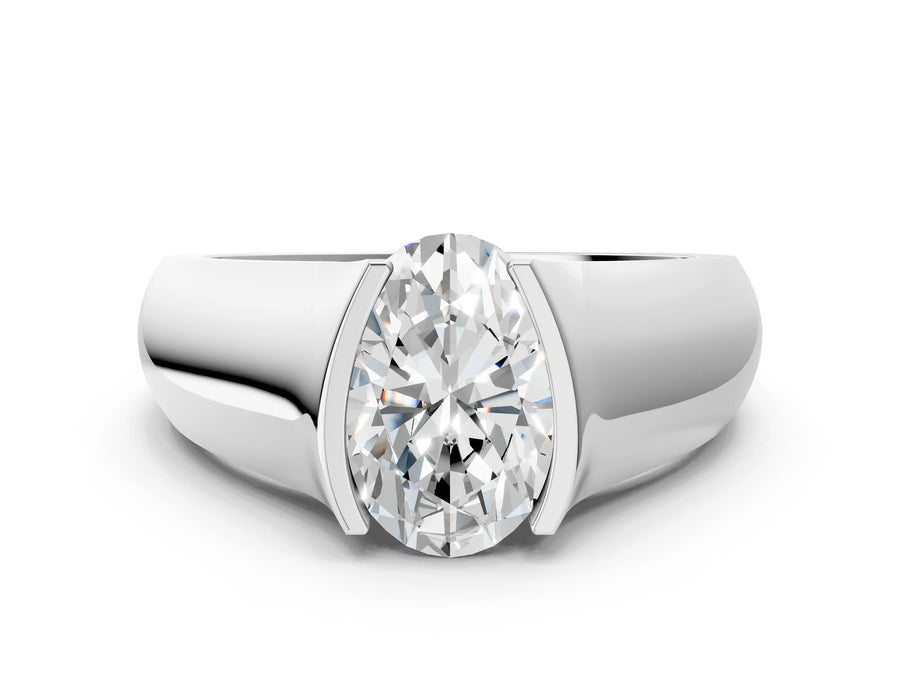 White gold Oval Solitaire Bezel Set Diamond Ring with Wide Band