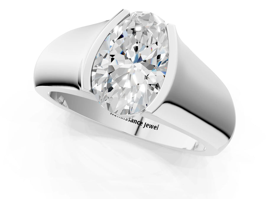 White gold Oval Solitaire Bezel Set Diamond Ring with Wide Band