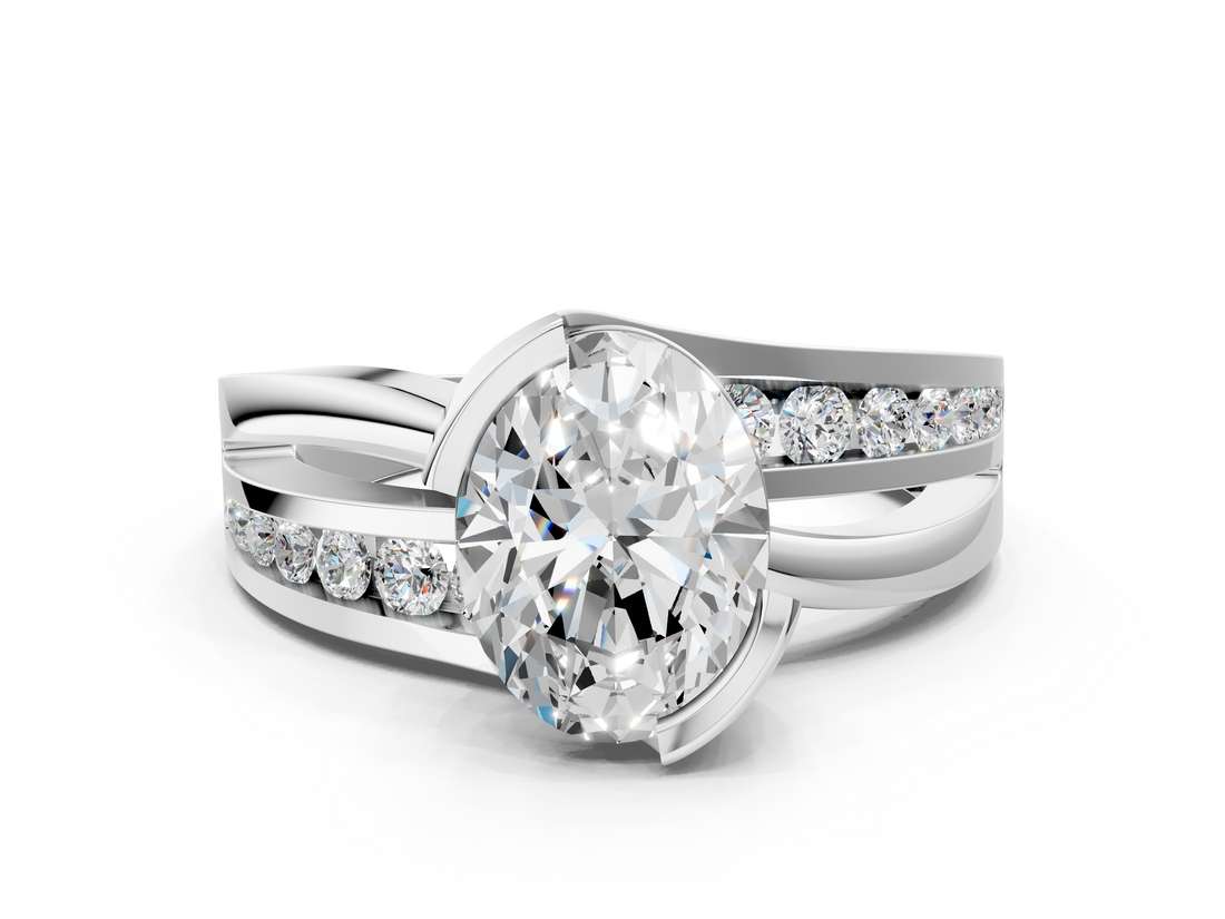 White gold Oval Solitaire Channel-Set Split Shank Ring with Tension Prong Setting_15