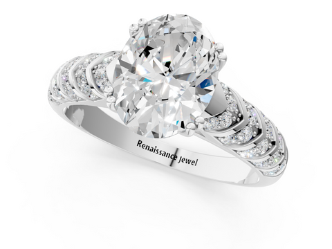 White gold Oval Solitaire Chevron Pave Diamond Engagement Ring with Six-Prong Setting_4