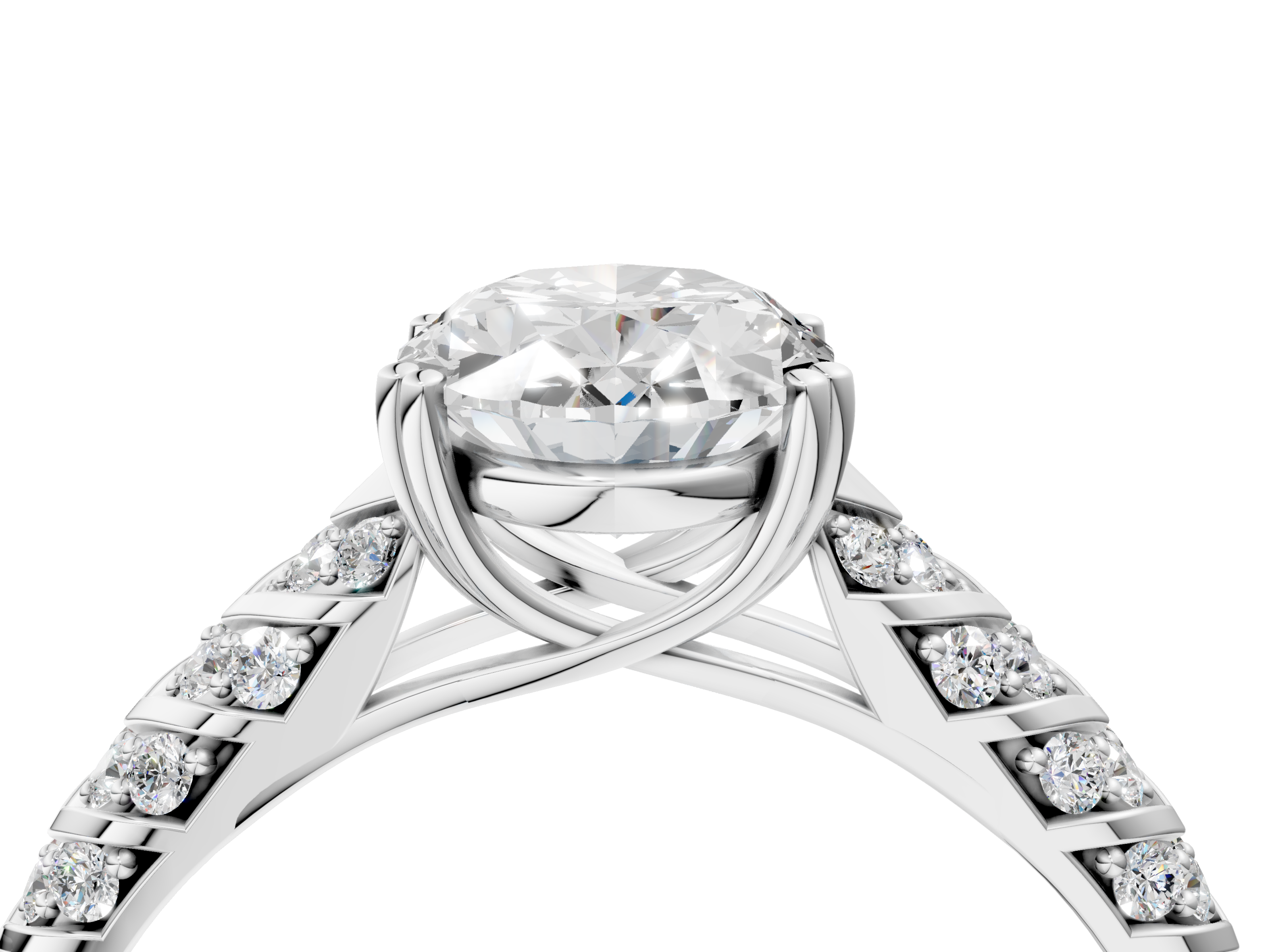 White gold Oval Solitaire Chevron Pave Diamond Engagement Ring with Six-Prong Setting_7