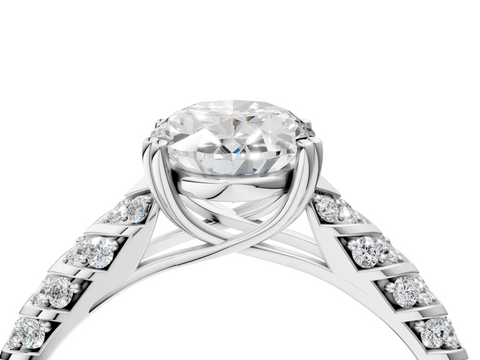 White gold Oval Solitaire Chevron Pave Diamond Engagement Ring with Six-Prong Setting_7