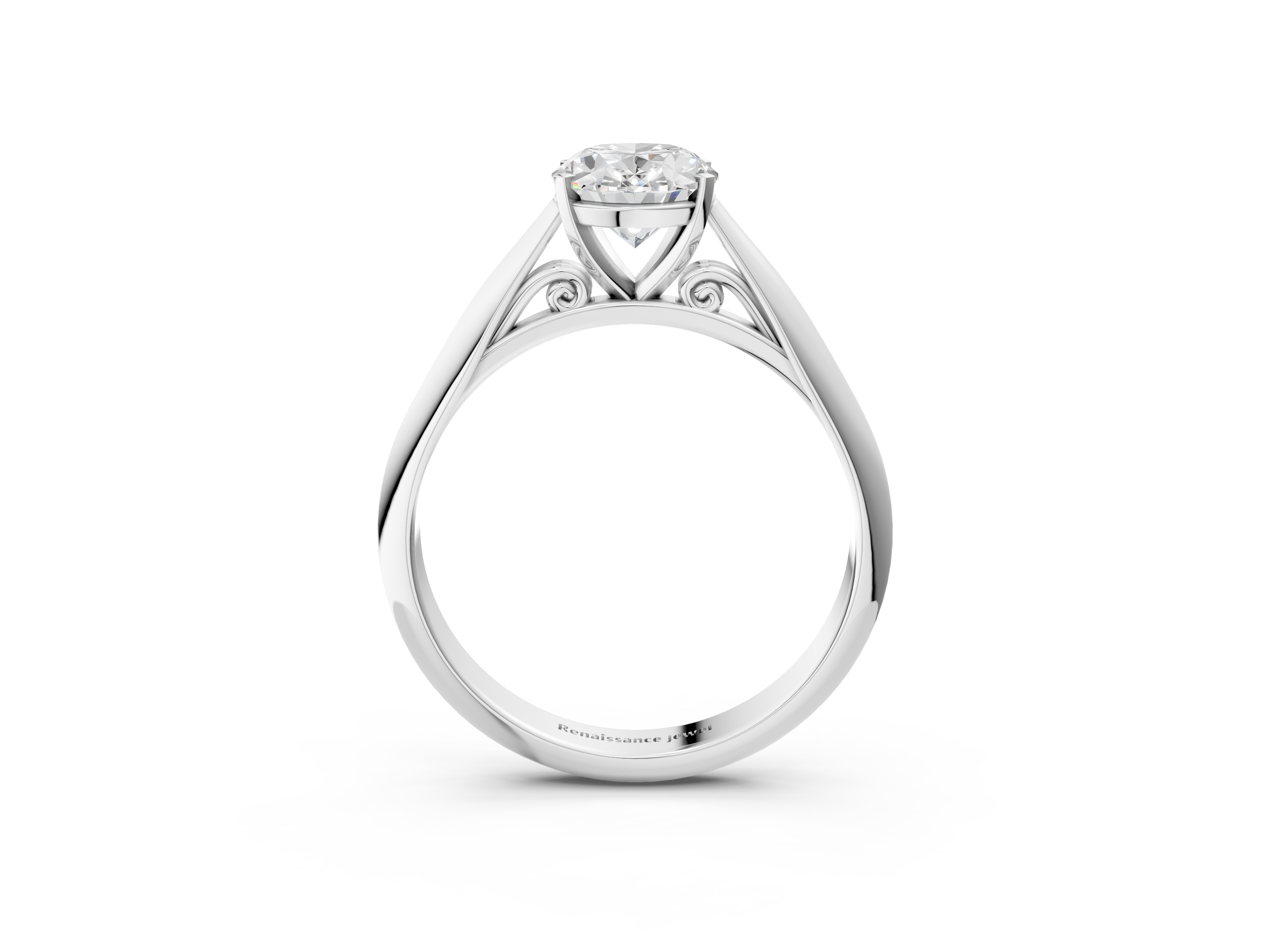 White gold Oval Solitaire Diamond Engagement Ring with Cathedral Setting and Four-Prong Mount on a Classic Band_220
