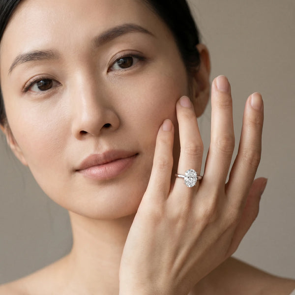 White gold Oval Solitaire Diamond Engagement Ring with Four-Prong Setting on a Classic Band
