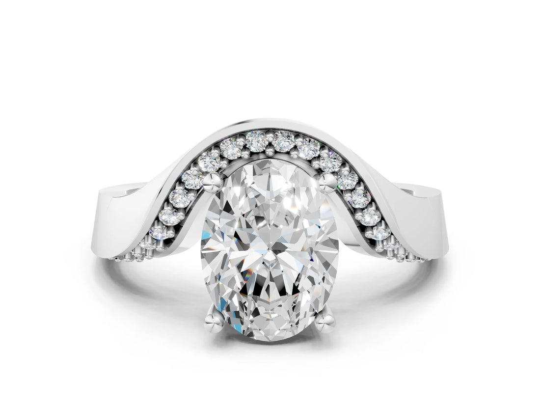 White gold Oval Solitaire Diamond Engagement Ring with Pave Band and Four-Prong Setting 1