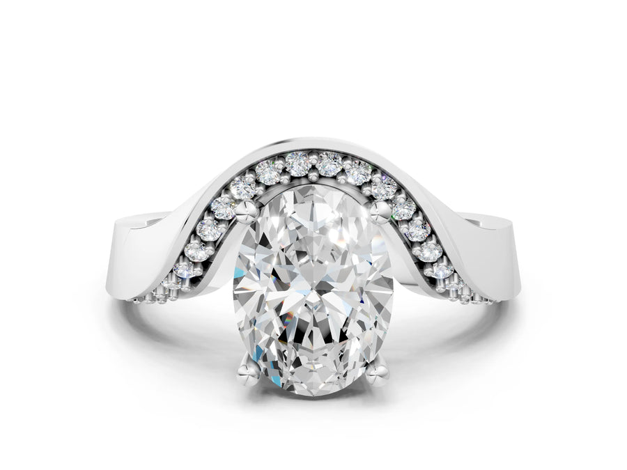 White gold Oval Solitaire Diamond Engagement Ring with Pave Band and Four-Prong Setting