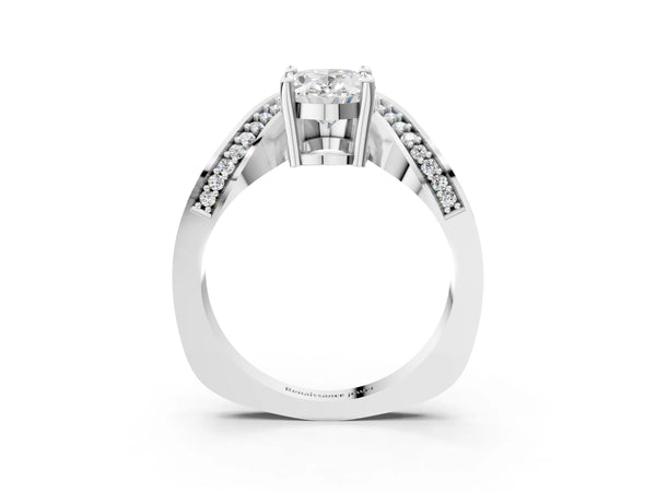 White gold Oval Solitaire Diamond Engagement Ring with Pave Band and Four-Prong Setting
