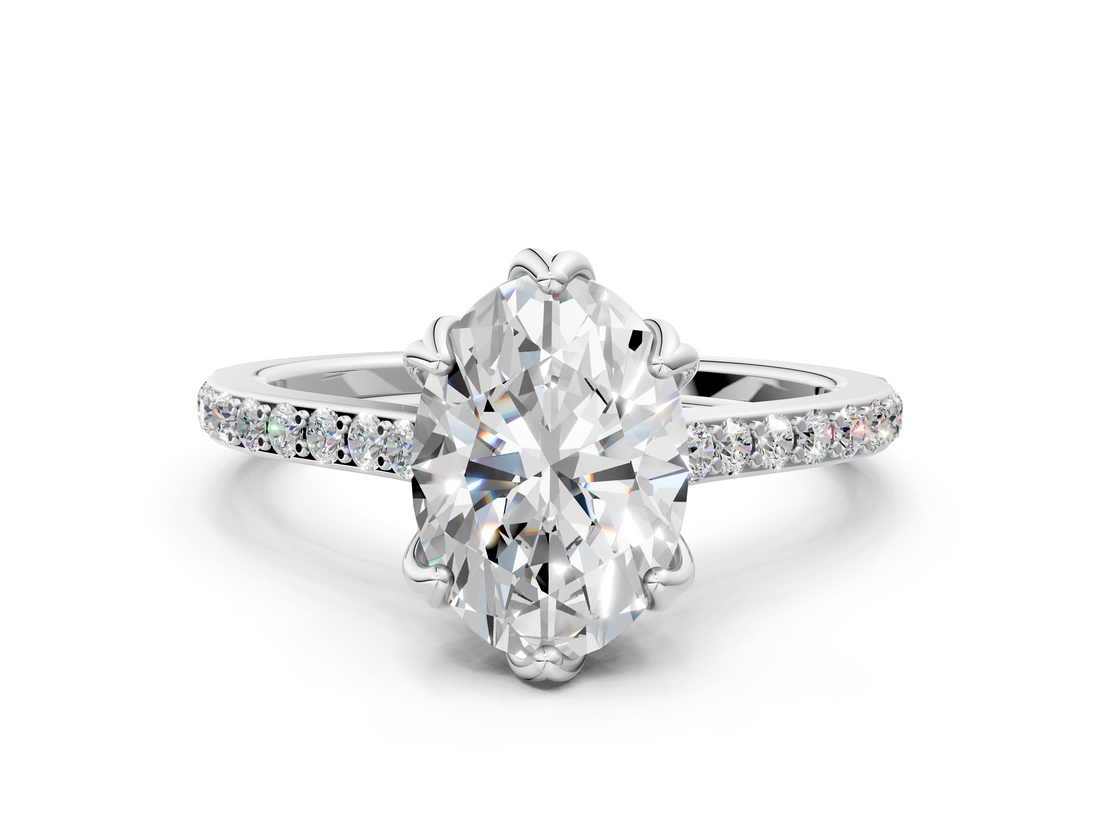 White gold Oval Solitaire Diamond Engagement Ring with Pave Band and Six-Prong Setting_82
