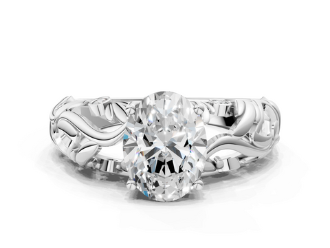 White gold Oval Solitaire Diamond Leaf Vine Band with Prong Setting_91