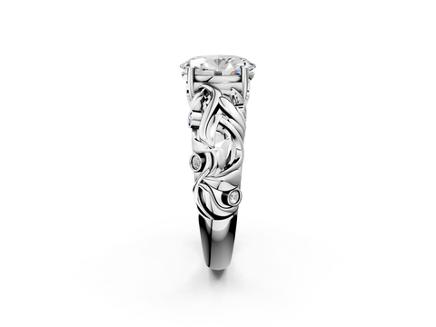 White gold Oval Solitaire Diamond Leaf Vine Band with Prong Setting_93