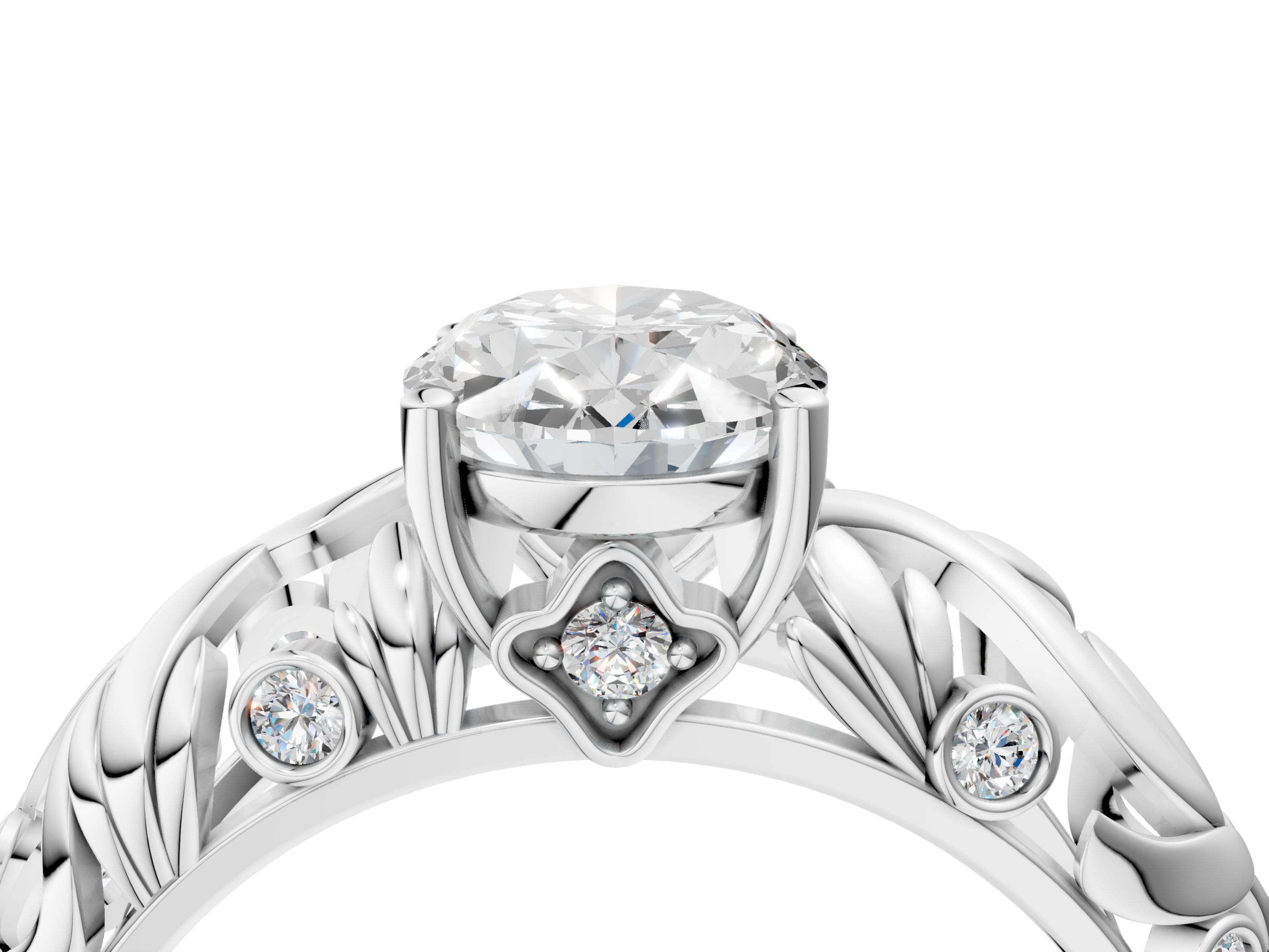 White gold Oval Solitaire Diamond Leaf Vine Band with Prong Setting_94