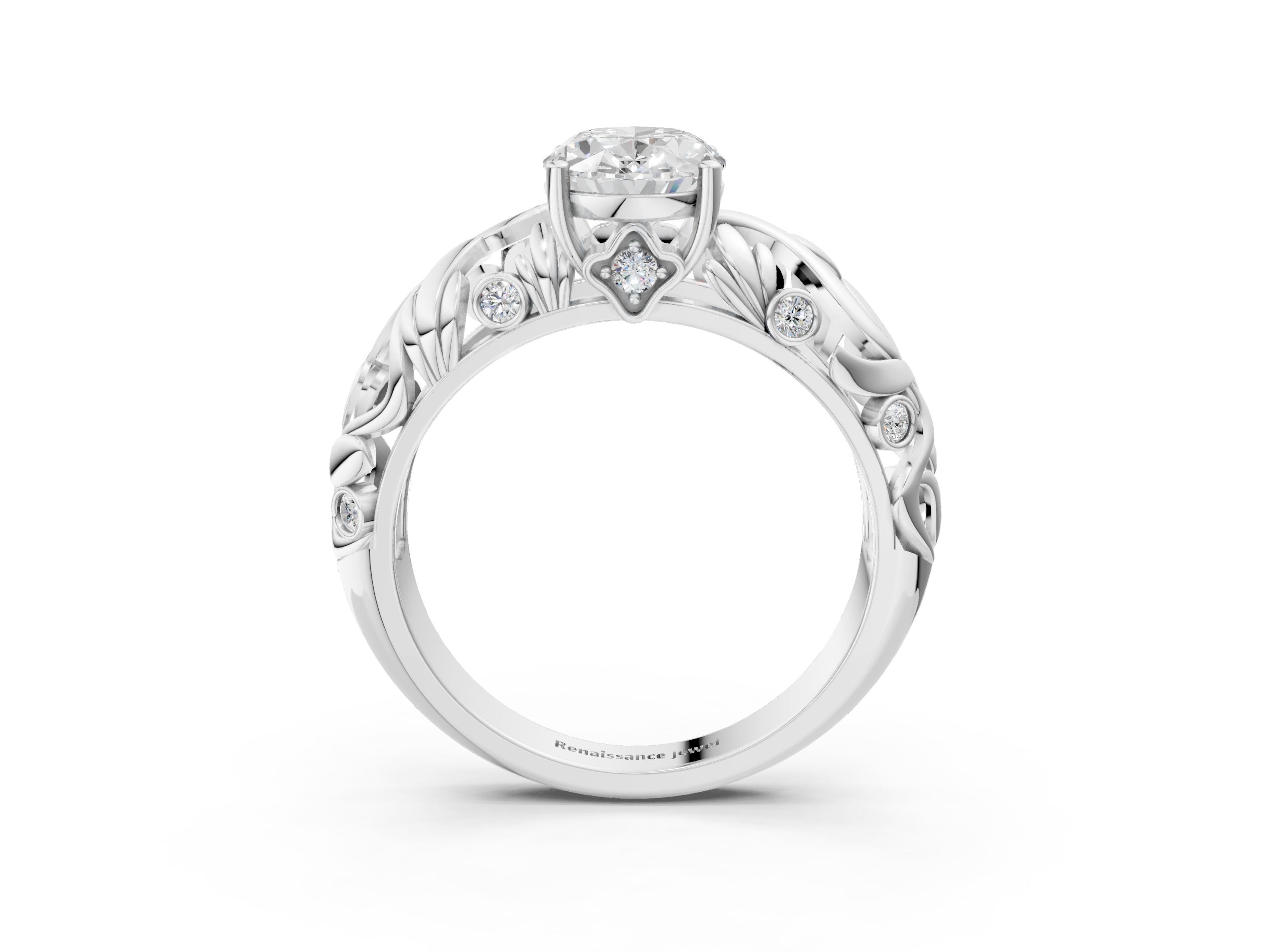 White gold Oval Solitaire Diamond Leaf Vine Band with Prong Setting_94