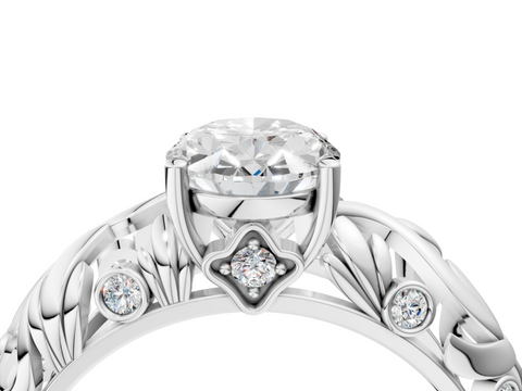 White gold Oval Solitaire Diamond Leaf Vine Band with Prong Setting_94