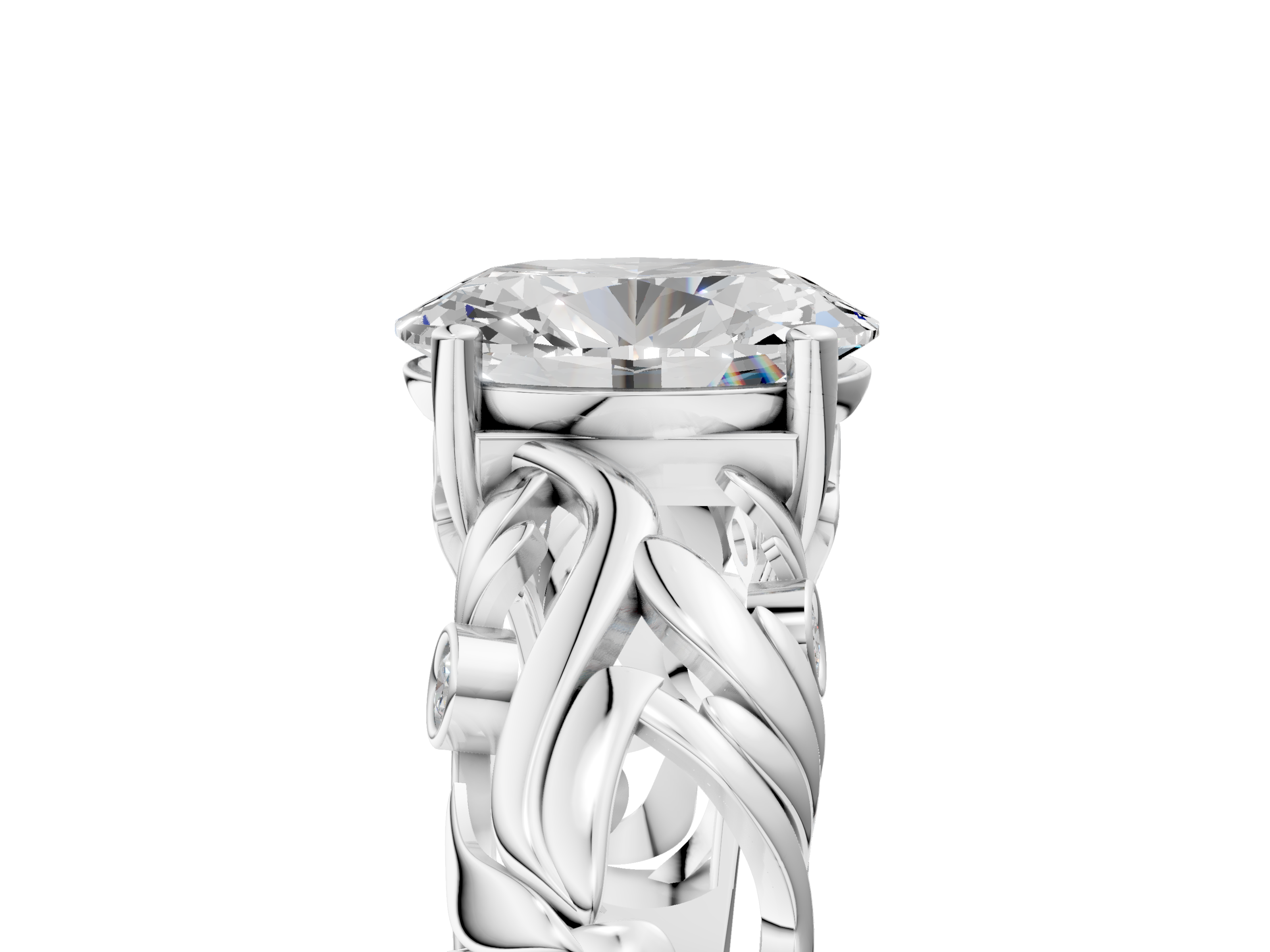 White gold Oval Solitaire Diamond Leaf Vine Band with Prong Setting_95