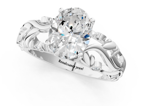 White gold Oval Solitaire Diamond Leaf Vine Band with Prong Setting_96