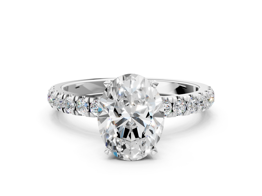 White gold Oval Cut Diamond Solitaire Ring with Pavé Accents and Four-Prong Setting